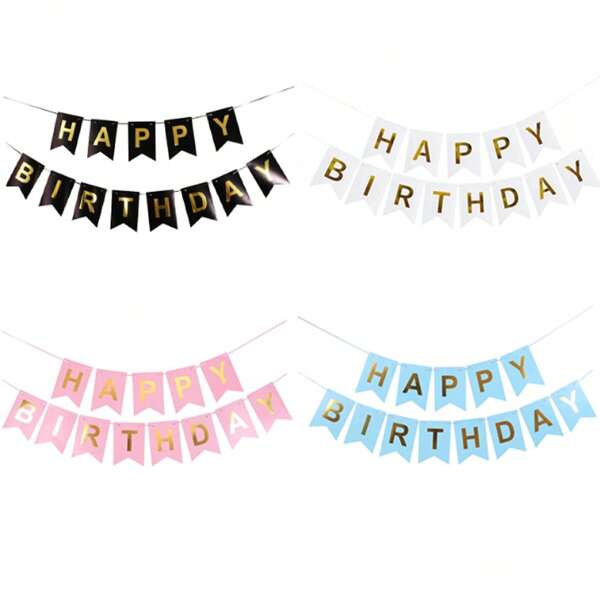1set Happy Birthday Banner Black White Pink Blue Paper Flag For Birthday Party Needs, Room Decor,Wall Decor, Party Supplies
