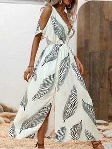 Vestido Con Estampado De Hojas De Estilo Festivo De Verano, Elegante Vestido Largo Con Abertura y Cuello En V De Manga Corta - Blanco - Ver 3