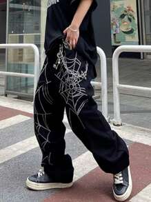 1pc Men Black Loose Wide-Leg Y2K Streetwear Hip Hop High Street Heavy Embroidered Washed Denim Jeans Pants, Suitable For Casual Outing Wear