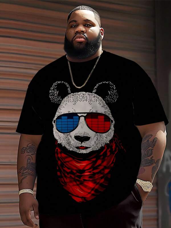 Camiseta de estilo urbano con estampado de panda para hombres talla grande, de tejido de punto de poliéster, cuello redondo, corte informal, con diseño gráfico novedoso