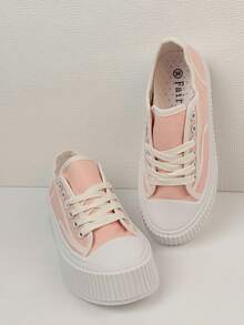Zapatillas blancas de cordones y puntera redonda, zapatos de plataforma casual versátil con suela gruesa, de unicolor en estilo colegial, con tejido deportivo de trama y ribete contrastante, aptos para la playa, la oficina, el hogar, primavera, verano, otoño e invierno - Rosa - Ver 6
