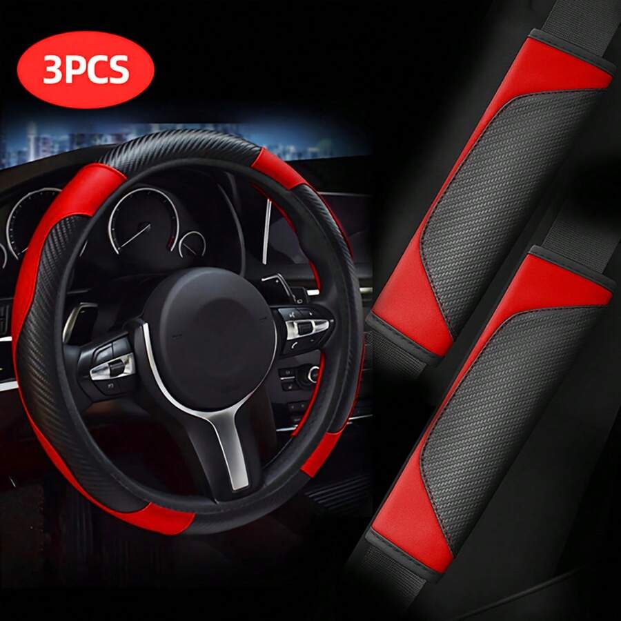 3pcs/Set PU Leather & Carbon Fiber Non-Slip Steering Wheel Cover + 2pcs Shoulder Pads Car Accessories Sets, Universal Fit, Adds Color To Your Car! Multiple Colors Available,Car Accessories