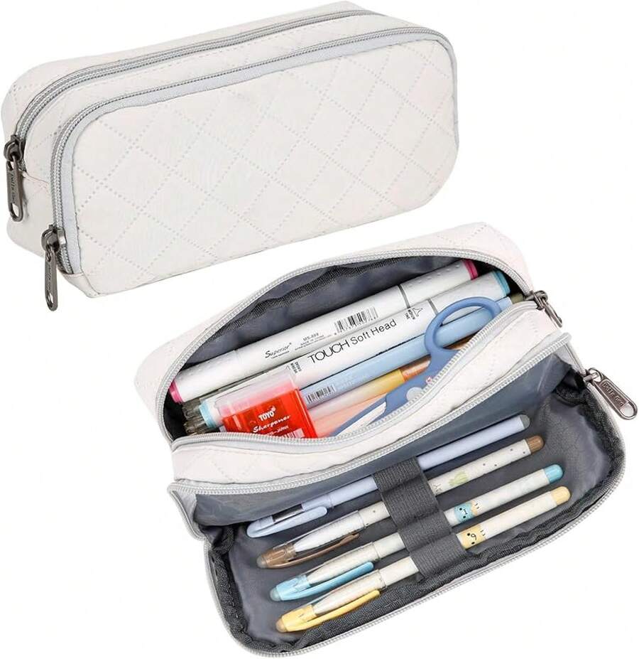 Estuche para Lápices de Gran Capacidad, Bolsa de Lápices Estética para Organizador de Papelería de Oficina, Bolsa de Lápices Simple y Resistente Multifuncional para Hombres - Negro - Beis - Ver 1
