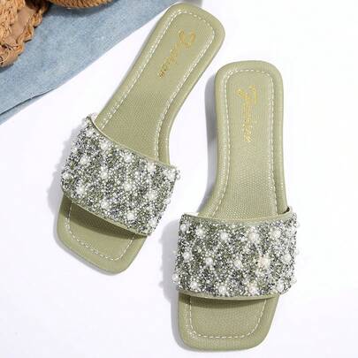 Women Plus Size Flat Sandals, Vacation Style Summer Casual Versatile Rhinestone Slip-On Beach Slippers