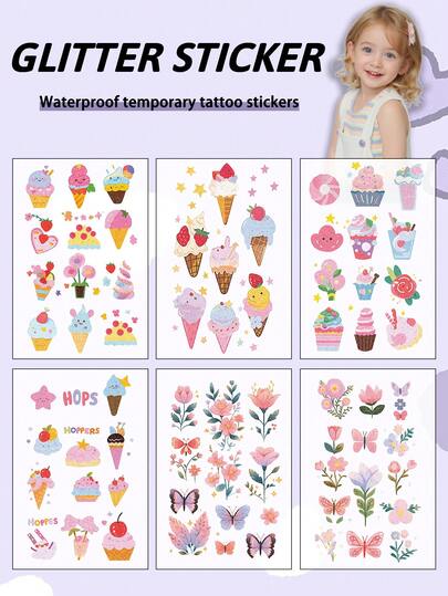 6Pcs Butterfly Floral Ice Cream Glitter Sticker Temporary Tattoo Colorful Cartoon Waterproof Sweatproof Disposable For Children Face, Arm, Waist, Chest, Leg, Abdomen, Neck, Hand, Finger, Back, For Party, Stage Performance, Children's Day, Modernist Body Art