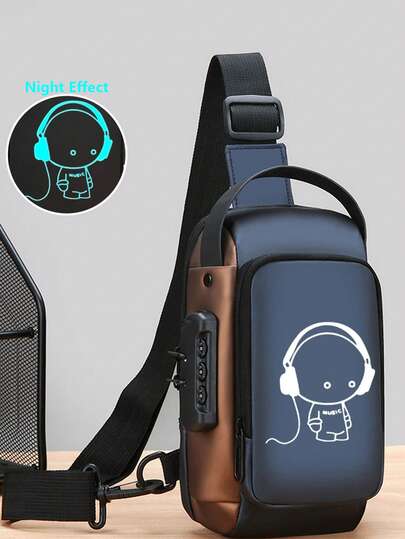 夜光印花牛津纹理男士斜挎包带密码锁 - 时尚摩托车斜挎包带手机袋，拉链开合适合日常通勤，摩托车包 - 商务防盗斜挎胸包 - 休闲运动旅行单肩包，可调节肩带，多个口袋腰包，适合外出、婚礼、复活节，是送给父亲、丈夫、男朋友和老师的完美礼物