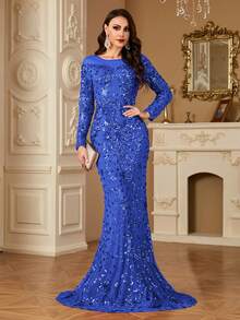 hezixi Đầm sequin co giãn, thoải mái khi mặc, phù hợp với nhiều dáng người, đầm dạ hội dài tay cổ tròn xuyên thấu, thiết kế dáng đuôi cá ôm sát, độc đáo và khác biệt. - Xanh đậm - Xem 3