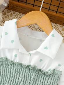 两件套女童夏季套装，领口爱心装饰腰部上衣和牛仔长裤，时尚装扮 - 綠色 - 查看 3