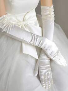 1 Pair Women's Extra Long Double Row Beads Satin Bridal Gloves, Suitable For Wedding Dress Matching