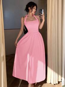Simple Solid Color Women's Long Dress Suitable For Vacation, Pink Sweet Style Women's Backless Hanging Neck Dress