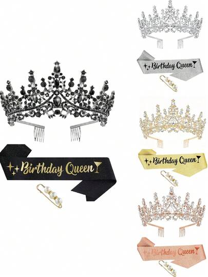 生日女王绶带和皇冠金色生日绶带女士生日皇冠成人女士水晶生日头饰公主皇冠生日装饰