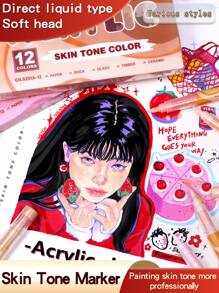 GuangNa 12 Colors Straight Direct Liquid Skin/Macaron Color Arcylic Marker Pen, Soft-Tip Animation Painting Marker Pen, Skin Color Art-Specific Acrylic Paint Markers, School Supplies,Back To School