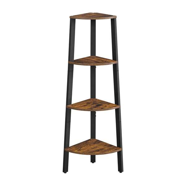Libreria Angolare a 4 Ripiani, Scaffale ad Angolo, Portaoggetti, Porta Piante per Soggiorno, Stile Industriale, Struttura in Acciaio, Marrone Vintage e Nero