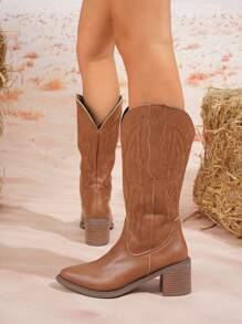 1 Pair Women Elegant Fashion Pull-On Over-The-Knee Boots, Classic Embroidery Design, Brown Western Style Retro Embroidered Cowgirl Boots, Ankle Boots For Autumn/Winter