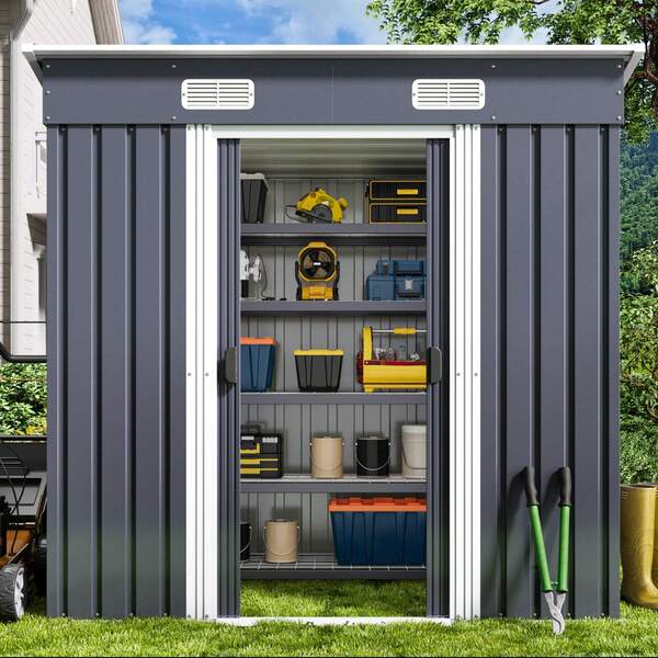Cobertizo metálico para herramientas de exterior, 194 x 109 x 182 cm, cobertizo para herramientas con techo a dos aguas y puertas correderas, caseta de jardín con cerradura y guantera para jardín y patio