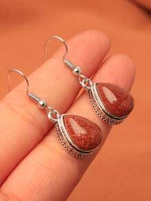1 Pair Vintage Plated Silver Black Teardrop Faux Gemstone Earrings, Multiple Colors Available - Black - View 4