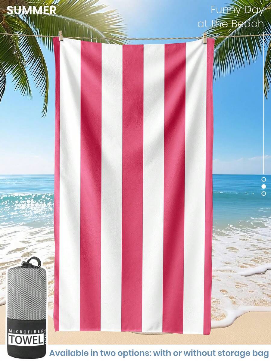 1条印花沙滩巾，粉白条纹图案，可用作泳巾、浴巾，时尚设计，超强吸水，适用于浴室、游泳、健身、瑜伽等场合。