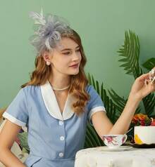 Fascinators Hat Women Tea Party Headband Derby Wedding Flower Cocktail Mesh Feathers Hair Clip - 1-銀灰色 - 查看 4