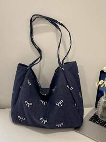 新款韩版休闲时尚百搭蓝色极具吸引力蝴蝶结水洗帆布托特包，适合通勤、旅行、购物、学生返校、大容量甜美女士手提包