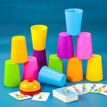 Stacking Cup Battle Board Game, Single Or Double Player, 12 Cups + 54 Question Cards + Bell - Multicolor - View 1