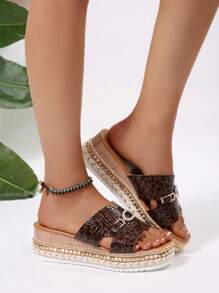 Novas Sandálias de Praia da Moda com Textura Animal, Tira com Fivela Única, Mulheres, Bico Quadrado, Plataforma, Sola Composta com Revites, Uso Externo Verão