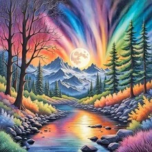 bunte Aurora Landschaft 5D Teildiamant Malset, geeignet für Anfänger und Erwachsene, runde volle Diamant Wandkunst Heimdekoration Basteln Geschenk