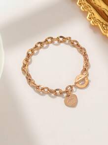 1pc Women's Stainless Steel Heart Engraved Titanium Chain Bracelet With Toggle Clasp For Daily Wear & Date Night Gifts