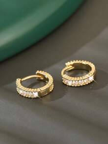 1 Pair Elegant Geometric Round Copper Micro-Inlaid Zirconia Hoop Earrings, Minimalist & Versatile, Gift For Her