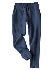 Lanwont Women's Linen Trousers Summer Casual High Waist Drawstring White Beach Pants - 藏蓝色 - 查看 1