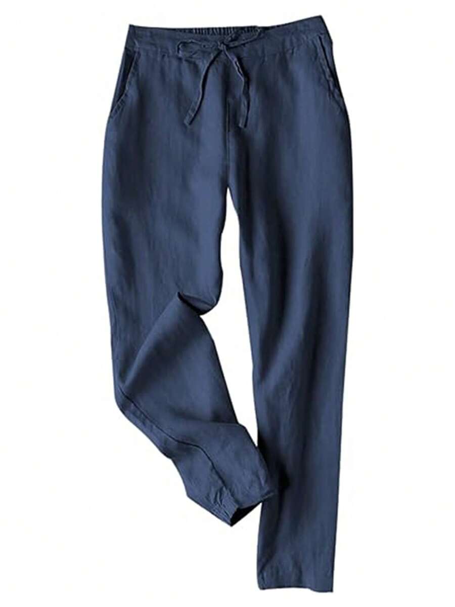 Lanwont Women's Linen Trousers Summer Casual High Waist Drawstring White Beach Pants - 藏蓝色 - 查看 1