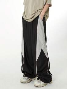 DK-MB High Street Varsity Style Colorblocked Loose Straight Leg Casual Cargo Pants, Fashion Unisex Couple Streetwear Hip Hop Baggy Pants, Versatile All-Match Wide Leg Trousers Suitable For Boyfriend/Husband Gift