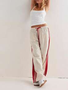 Women's Wide Leg Pants Drawstring High Waist Side Stripes Loose With Pockets Trousers - 米色 - 查看 4