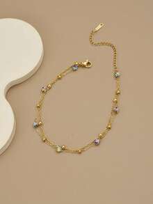 1pc Double Layer Sparkling Blue Rhinestone Beaded Stainless Steel Anklet/Bracelet For Women (Handmade Chain, Bead Quantity May Vary, Actual Length Prevails) - Yellow Gold - View 5