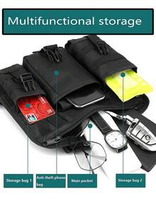 多口袋战术货运背包，多功能尼龙胸包，轻便手机收纳袋，便捷旅行包，时尚街头嘻哈胸包，适合学生、校园、旅行、通勤、嘻哈表演、健身、跑步、骑行、徒步、露营，男士礼物，男士工具腰包 - 黑色 - 查看 4