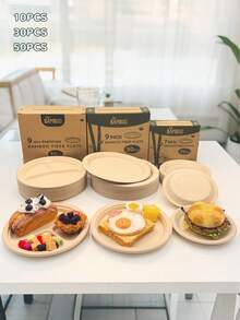 100% Bamboo Fiber 3-Compartment Disposable Plates, Available In 9"/7"/9", Sturdy And Durable, Microwave , Natural Unbleached Brown Color, PFAS-Free, Water And Oil Resistant Bamboo Fiber Disposable Plates - Beige - View 9