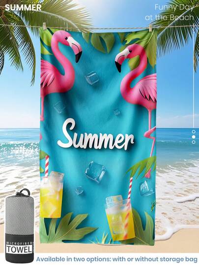 1pc Printed Beach Towel, Flamingo Pattern Swim Towel, Bath Towel, Fashion Style Beach Towel, Super Absorbent Bath Towel For Bathroom, Swimming, Fitness, Yoga, Soft And Comfortable Microfiber Towel, Lightweight And Portable, Wind And Sun Protection, Sandproof For Summer Travel, Vacation Holiday Bathroom Decor, Available With Or Without Storage Bag, Recommend Regular Sizes And Larger Sizes, (35*75cm Small Size Towel,150cm Or Above Recommended)