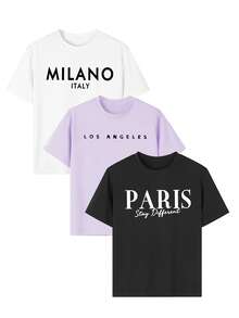3pcs/Set Tween Girl Casual Printed Round Neck Short Sleeve T-Shirt, Summer Student Clothing - Colorful T-Shirts Bring Joy To Every Child! Graphic Tee Tops, Summer - Purple - View 3