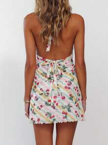 Womens Boho Floral Print Halter Neck Bodycon Dress Summer V Neck Sleeveless Backless Ruched Party Mini Dress Beach Vacation Sundress - Màu xanh lam - Xem 3