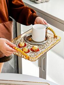 1 件带手柄的矩形托盘，轻巧奢华风格，亚克力材质，耐用，蛋糕盘，可容纳茶杯、玻璃杯、餐具，商用矩形水果托盘，透明水波纹 - 透灰 - 查看 8