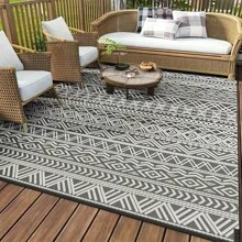 Outdoor Rug,Patio Rug,Reversible Portable Outdoor Plastic Straw Rug,Camping Rugs For Outside RV,Large Waterproof Area Rugs For Patio,Deck,Picnic,Porch,Balcony(6'x 9',White&Gray)