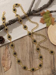 Cadena de cintura retro europea y americana de estilo bohemio para mujer, con flores grabadas en aleación de zinc chapada en oro antiguo y turquesa, adecuada para combinar con atuendos y usar en vacaciones