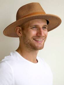 1pc Men's Ribbon Decoration Jazz Hat - Khaki + Brown Ribbon - View 5