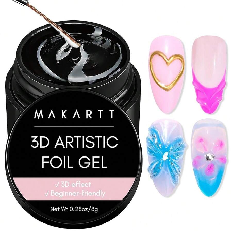 Makartt 3D Nail Foil Glue, 2Pcs 8ml Nails Transfer Gel Adhesive Linear,, Ripple Designs, LED Lamp Required - 3D 8ml - View 1
