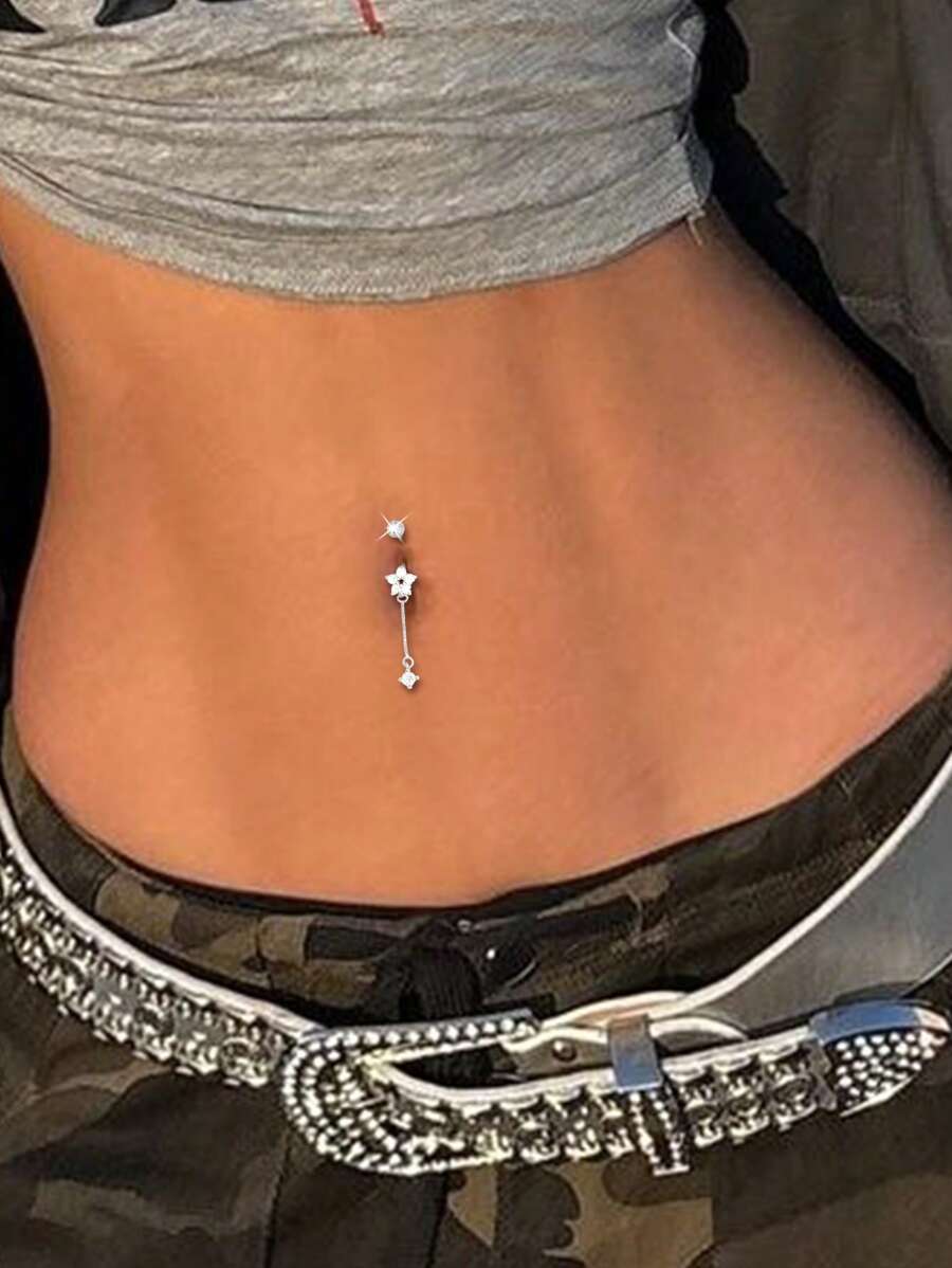 FOREVER QUEEN 1 PIEZA Anillo de ombligo de plata de ley 925 con borlas redondas, con colgante de flor y circonita cúbica, para perforación corporal