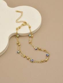1pc Double Layer Sparkling Blue Rhinestone Beaded Stainless Steel Anklet/Bracelet For Women (Handmade Chain, Bead Quantity May Vary, Actual Length Prevails) - Yellow Gold - View 8