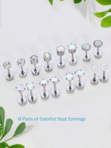 Khuyên tai đinh tán phẳng phía sau dành cho tai nhạy cảm, làm bằng thép không gỉ 316, phù hợp cho cả nam và nữ, không gây dị ứng, trọng lượng 20G, khuyên tai sụn nhỏ, đính đá Opal và CZ, ngọc trai, 8 đôi. - 8 đôi bông tai đinh tán lưng phẳng - Xem 4