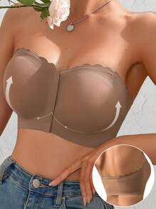 Sexy Comfort Push-Up Bandeau Bra Strapless For Women Front Closure Wireless Underwear Tube Top Wavy Edge No Show Bralette Bandeau Adjustable Scallop Trim Lingerie Breathable Everyday Lingerie & Underwear For Women
