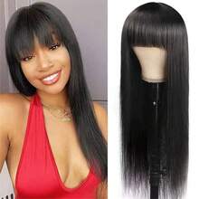 Guleless Wig 40inch Long Silky Straight Wigs With Bangs Full Machine Made Glueless Human Hair Wigs With Bangs Human Hair - 自然色&黑色系 - 查看 3