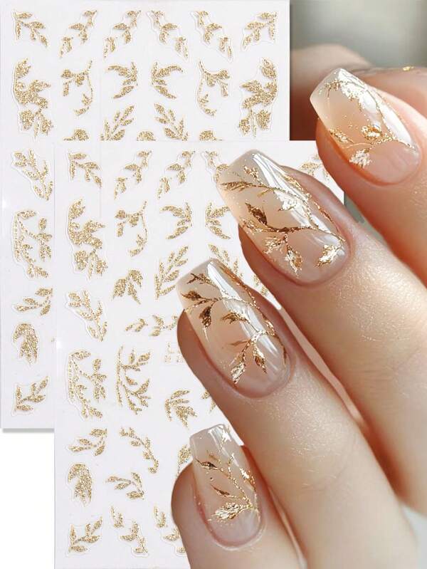 2 pièces Autocollants d'art pour les ongles, feuilles en forme de feuilles dorées scintillantes 3D. Conception de feuilles scintillantes et brillantes. Décorations adhésives pour les ongles pour des designs ongulaires DIY