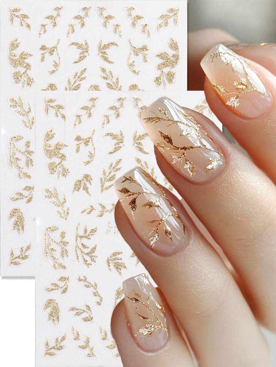 3D Golden Glitter Leaf Nail Art Stickers Shiny Shimmer Glitter Leaves Design Self-Adhesive Nail Art Decorations For DIY Nail Designs 2 Pcs